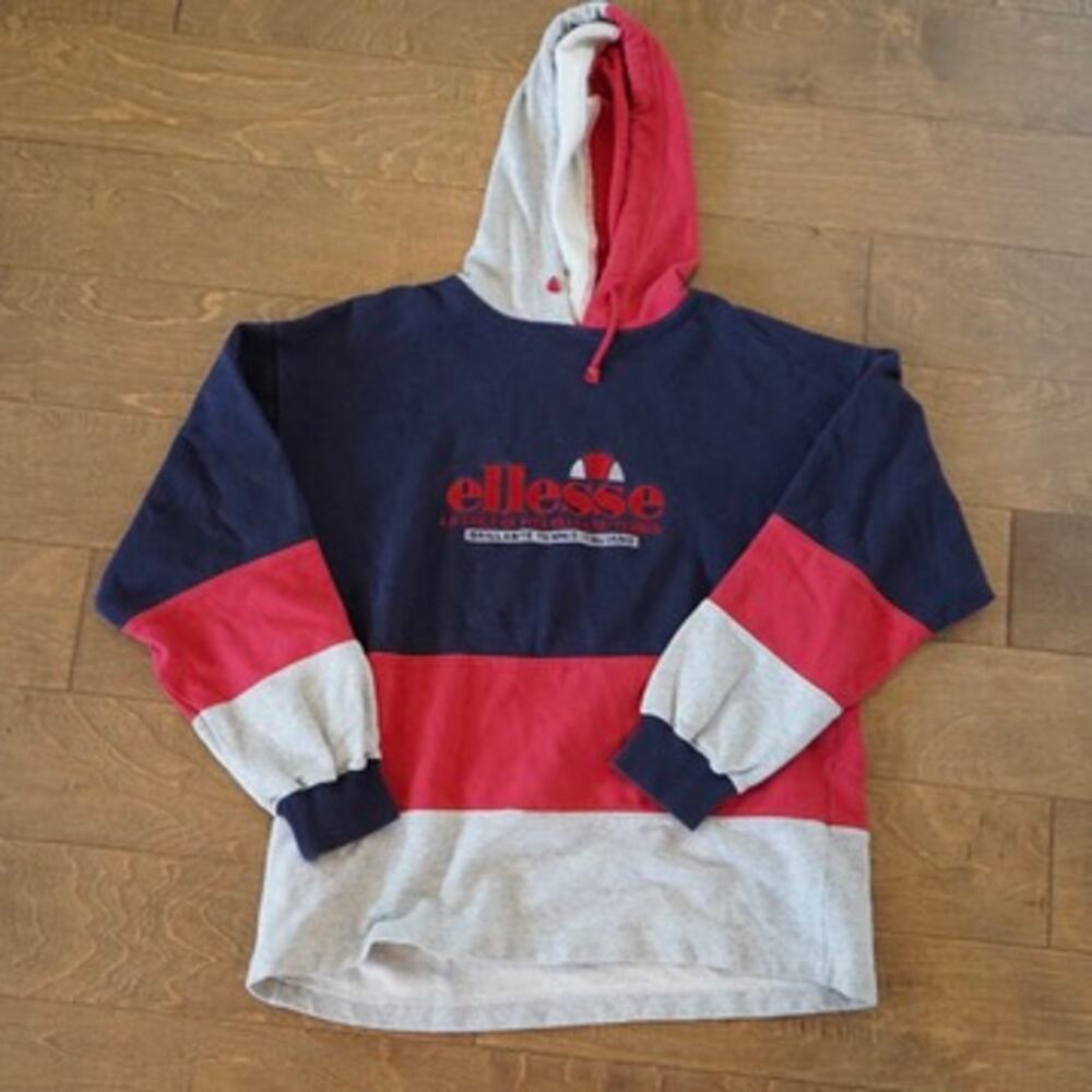 90's Ellesse Colorblock Hoodie Size L Navy Red Gray Retro Vintage Pullover